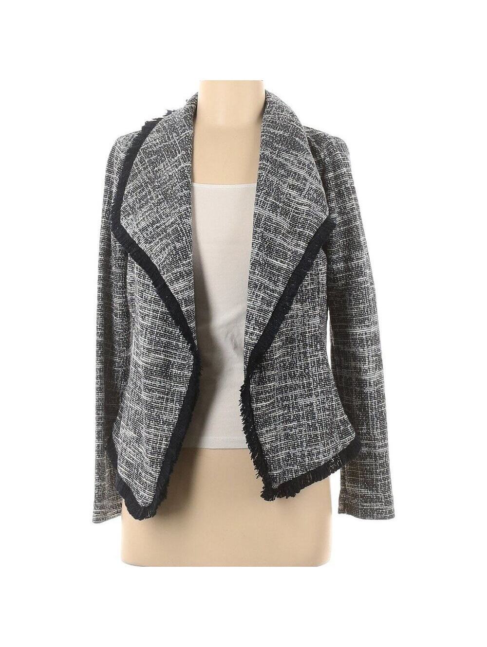 Rachel Zoe Tweed Fringe Jacket Black White Open Front Blazer Boucle Coat, XS - Picture 2 of 8